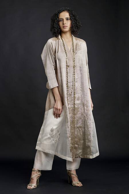 Buy_Bodhi Tree_Beige Silk Organza Embroidery V Neck Kurta And Pant Set _Online_at_Aza_Fashions