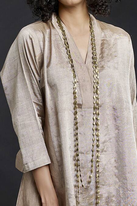 Shop_Bodhi Tree_Beige Silk Organza Embroidery V Neck Kurta And Pant Set _Online_at_Aza_Fashions