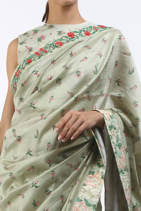 Shop Nikasha Grey Round Chanderi Hand Painted Saree With Blouse Online at Aza Fashions Shop_Nikasha_Grey Round Chanderi Hand Painted Saree With Blouse _Online_at_Aza_Fashions