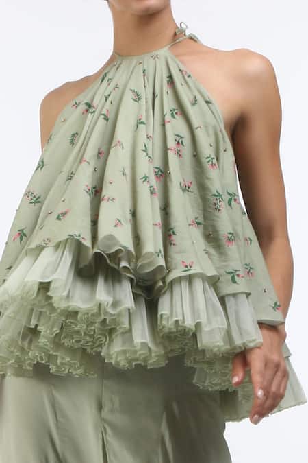 Nikasha_Grey Halter Flared Top _Online_at_Aza_Fashions