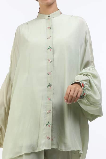 Nikasha_Grey Mandarin Collar Bishop Sleeve Shirt _Online_at_Aza_Fashions