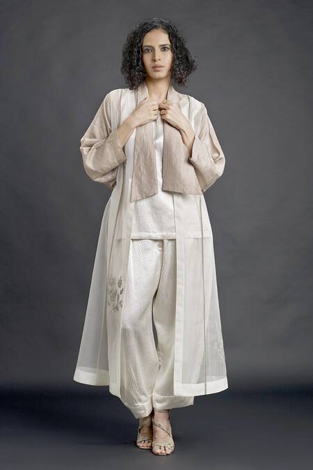 Bodhi Tree_Beige Silk Organza Embroidery Top V-neck Jacket Open Trench Coat And Pant Set _Online_at_Aza_Fashions