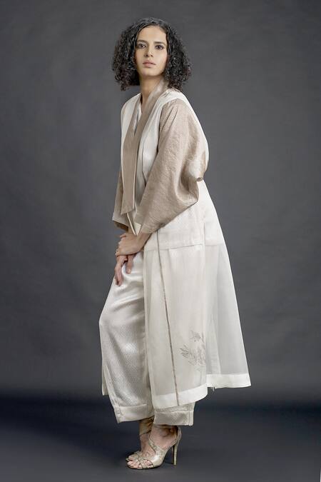 Buy_Bodhi Tree_Beige Silk Organza Embroidery Top V-neck Jacket Open Trench Coat And Pant Set _Online_at_Aza_Fashions