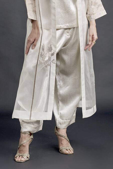 Bodhi Tree_Beige Silk Organza Embroidery Top V-neck Jacket Open Trench Coat And Pant Set _at_Aza_Fashions
