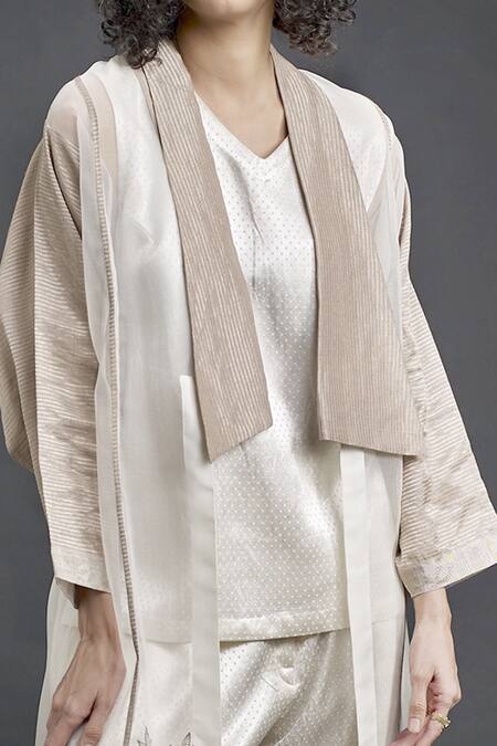 Shop_Bodhi Tree_Beige Silk Organza Embroidery Top V-neck Jacket Open Trench Coat And Pant Set _Online_at_Aza_Fashions