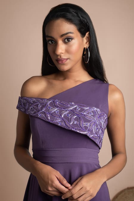Mehak Murpana_Purple Stretch Suiting One Shoulder Asymmetric Flared Gown_Online_at_Aza_Fashions