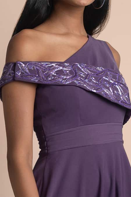 Buy_Mehak Murpana_Purple Stretch Suiting One Shoulder Asymmetric Flared Gown_Online_at_Aza_Fashions