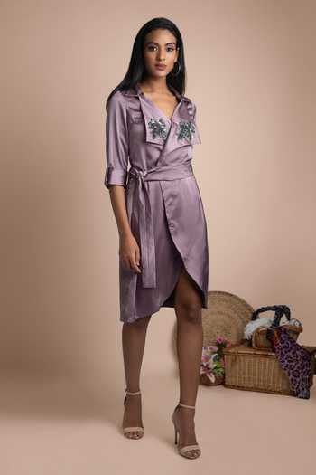 Shop Mehak Murpana Purple Stretch Suiting V Neck Overlap Trench Dress at Aza Fashions Shop_Mehak Murpana_Purple Stretch Suiting V Neck Overlap Trench Dress_at_Aza_Fashions