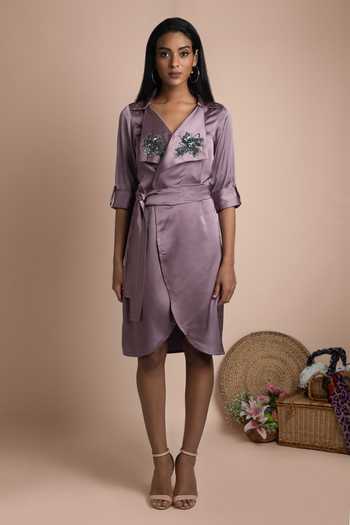 Mehak Murpana Purple Stretch Suiting V Neck Overlap Trench Dress Online at Aza Fashions Mehak Murpana_Purple Stretch Suiting V Neck Overlap Trench Dress_Online_at_Aza_Fashions