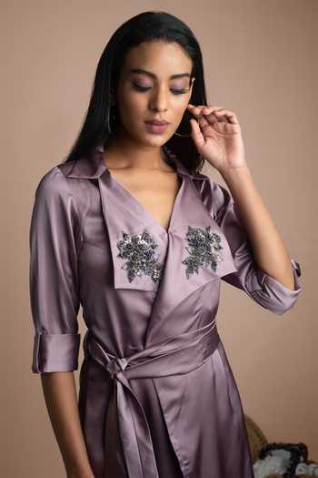 Buy Mehak Murpana Purple Stretch Suiting V Neck Overlap Trench Dress Online at Aza Fashions Buy_Mehak Murpana_Purple Stretch Suiting V Neck Overlap Trench Dress_Online_at_Aza_Fashions