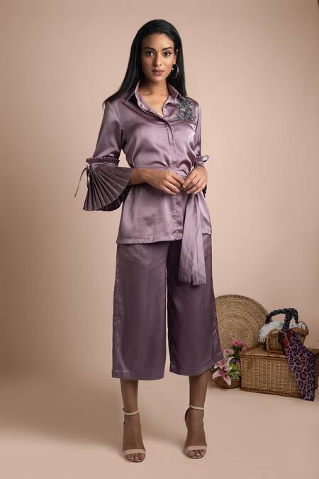 Mehak Murpana_Purple Stretch Suiting Collared Neck Embellished Shirt_Online_at_Aza_Fashions