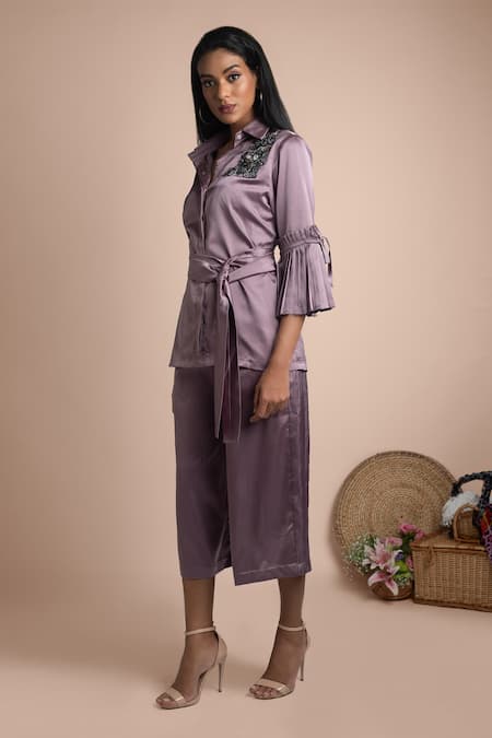 Shop Mehak Murpana Purple Stretch Suiting Collared Neck Embellished Shirt And Pant Set at Aza Fashions Shop_Mehak Murpana_Purple Stretch Suiting Collared Neck Embellished Shirt And Pant Set _at_Aza_Fashions