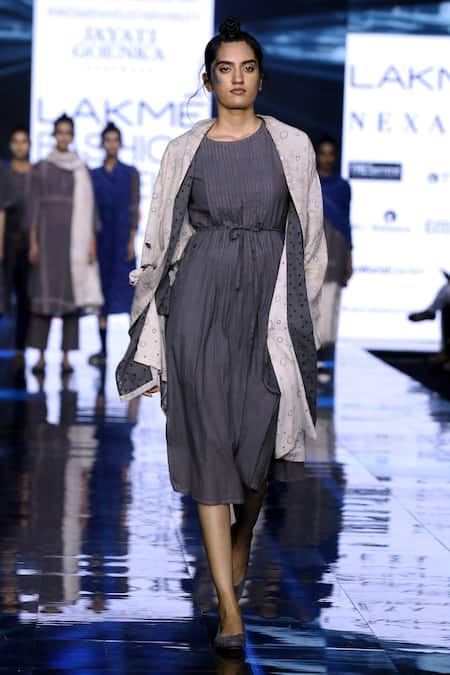 JAYATI GOENKA Grey Handwoven Cotton Dress Round, Jacket Open And Set Online at Aza Fashions JAYATI GOENKA_Grey Handwoven Cotton Dress Round, Jacket Open And Set _Online_at_Aza_Fashions