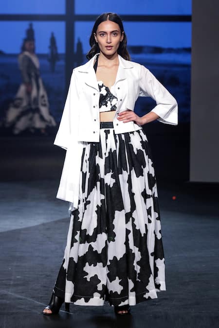 Mohammed Mazhar_White Cotton Embroidered Jacket And Skirt Set_Online_at_Aza_Fashions