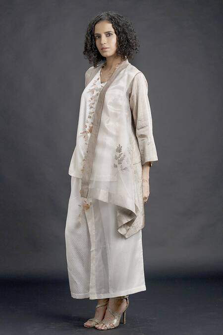 Buy_Bodhi Tree_Beige Silk Organza Embroidery Top V-neck Jacket Lapel Sheer And Pant Set _Online_at_Aza_Fashions
