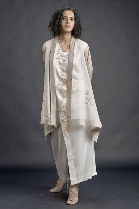 Bodhi Tree_Beige Silk Organza Embroidery Top V-neck Jacket Lapel Sheer And Pant Set _Online_at_Aza_Fashions