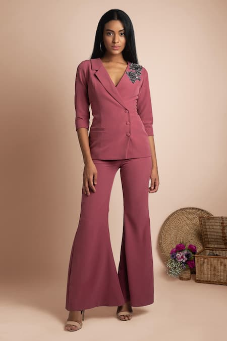 Mehak Murpana Pink Stretch Suiting Embroidery V Neck Overlap Top And Pant Set