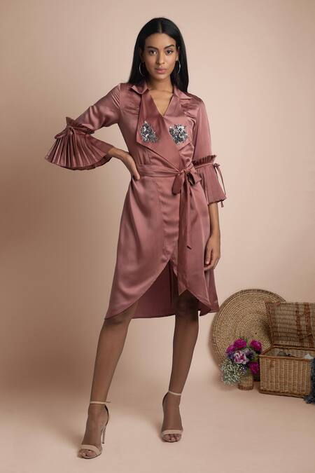 Mehak Murpana_Pink Stretch Suiting V Neck Overlap Trench Dress_Online_at_Aza_Fashions