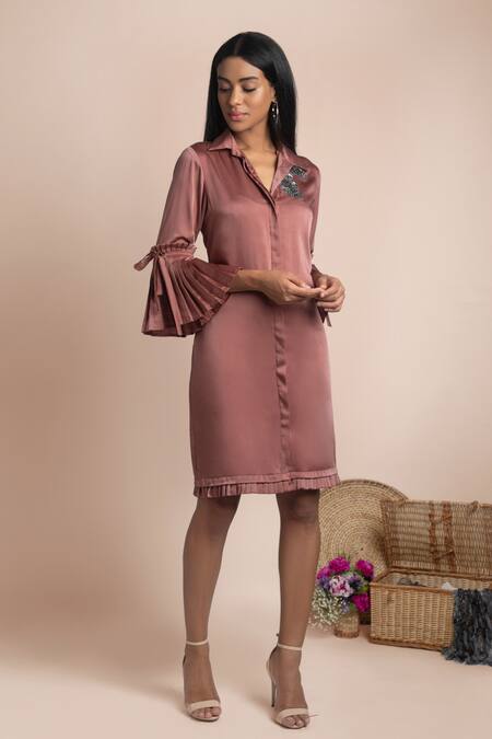 Mehak Murpana_Pink Stretch Suiting Collared Neck Shirt Dress_Online_at_Aza_Fashions