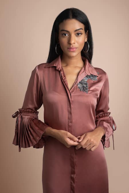 Buy_Mehak Murpana_Pink Stretch Suiting Collared Neck Shirt Dress_Online_at_Aza_Fashions