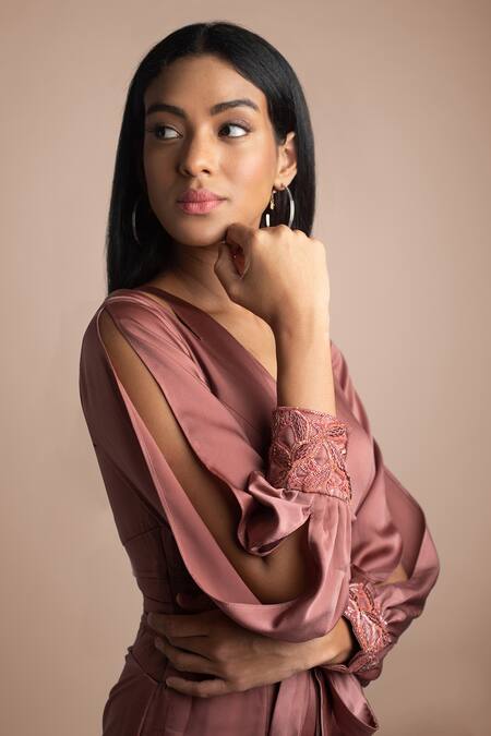 Mehak Murpana_Pink Stretch Suiting V Neck Flared Jumpsuit_Online_at_Aza_Fashions