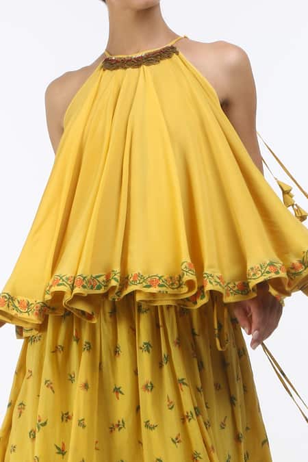 Nikasha_Yellow Round Flared Top With Printed Lehenga _Online_at_Aza_Fashions