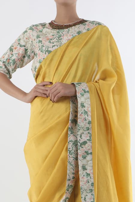 Nikasha_Yellow Round Chanderi Silk Saree With Blouse _Online_at_Aza_Fashions