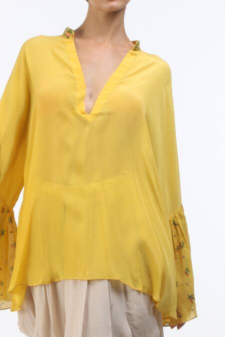 Nikasha_Yellow V Neck Printed Short Tunic _Online_at_Aza_Fashions