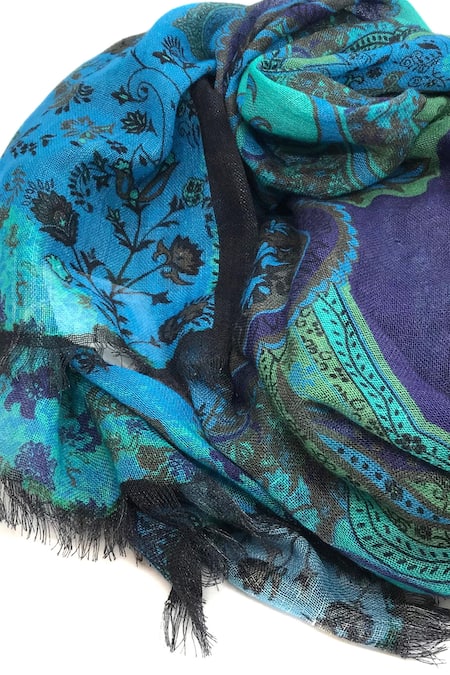 Shop Pashma Blue Cashmere Printed Scarf at Aza Fashions Shop_Pashma_Blue Cashmere Printed Scarf _at_Aza_Fashions