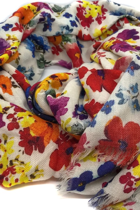 Shop Pashma White Cashmere Floral Print Scarf at Aza Fashions Shop_Pashma_White Cashmere Floral Print Scarf _at_Aza_Fashions