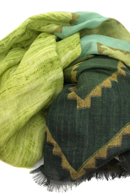 Shop Pashma Green Linen Silk Scarf at Aza Fashions Shop_Pashma_Green Linen Silk Scarf _at_Aza_Fashions