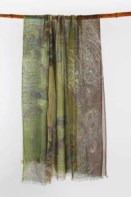 Pashma Green Printed Silk Cashmere Scarf 