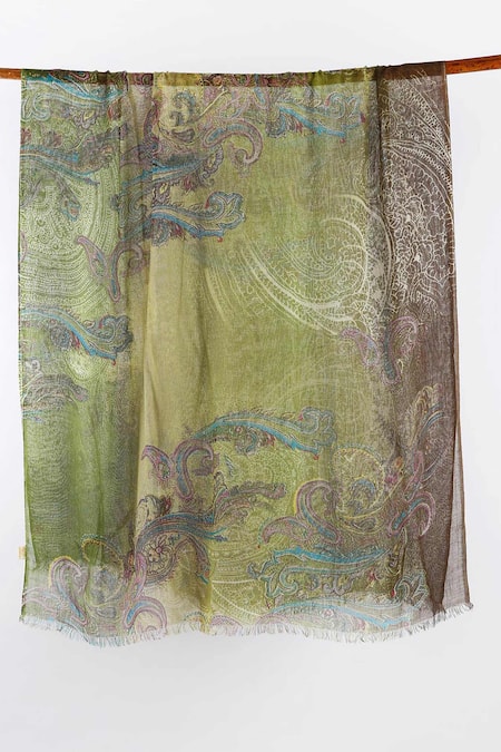 Shop Pashma Green Printed Silk Cashmere Scarf at Aza Fashions Shop_Pashma_Green Printed Silk Cashmere Scarf _at_Aza_Fashions
