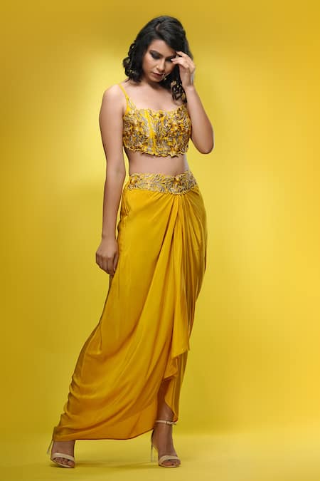 Shruti S_Yellow Crop Top Silkskirt  Crepecape  Silksleeves  Georgette Cape Set_Online_at_Aza_Fashions