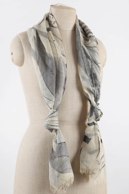 Pashma White Printed Silk Cashmere Scarf