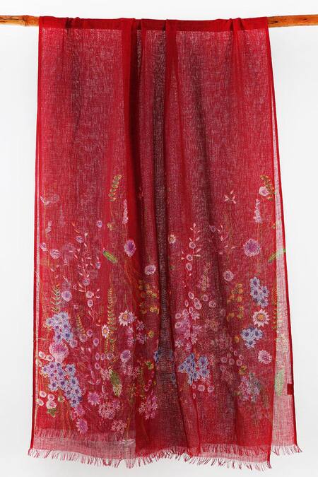 Shop Pashma Red Printed Silk Cashmere Floral Scarf at Aza Fashions Shop_Pashma_Red Printed Silk Cashmere Floral Scarf _at_Aza_Fashions