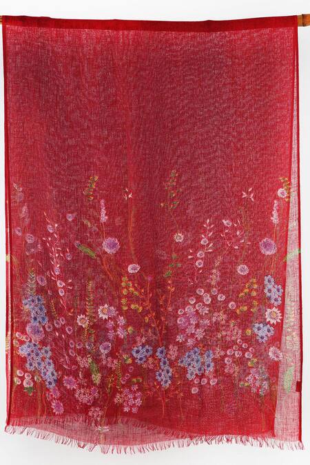 Pashma Red Printed Silk Cashmere Floral Scarf Online at Aza Fashions Pashma_Red Printed Silk Cashmere Floral Scarf _Online_at_Aza_Fashions