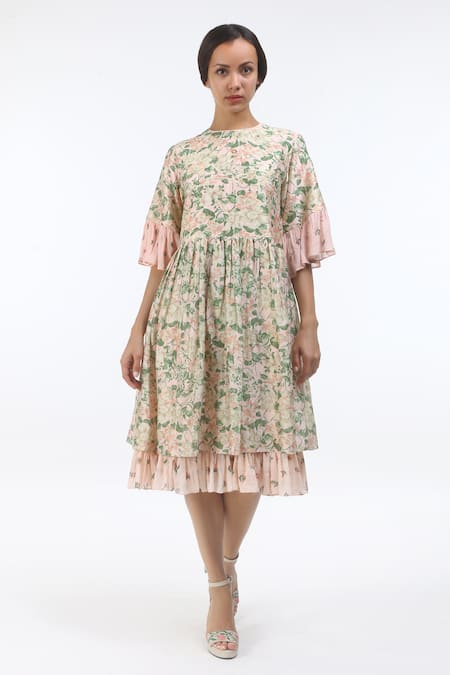 Nikasha Chanderi Floral Print Layered Dress 