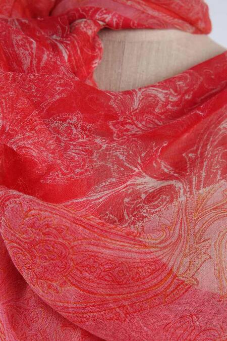 Pashma_Red Printed Cashmere Frayed Scarf _Online_at_Aza_Fashions