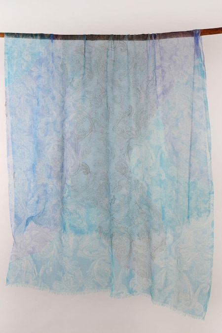 Shop Pashma Blue Printed Cashmere Frayed Scarf at Aza Fashions Shop_Pashma_Blue Printed Cashmere Frayed Scarf _at_Aza_Fashions