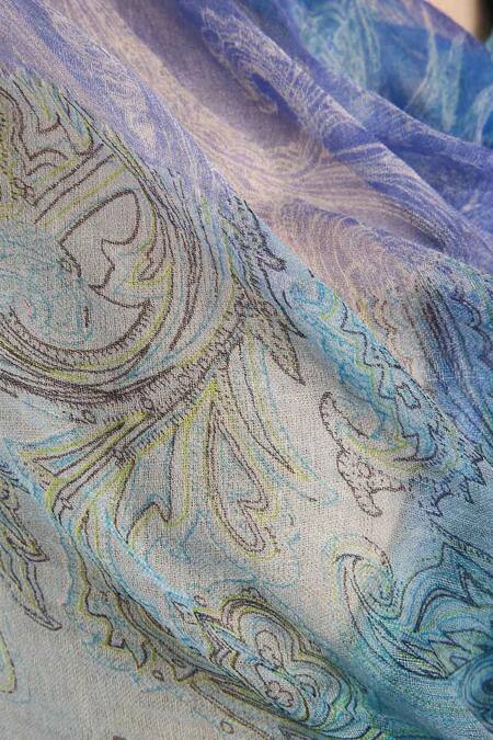 Buy Pashma Blue Printed Cashmere Frayed Scarf Online at Aza Fashions Buy_Pashma_Blue Printed Cashmere Frayed Scarf _Online_at_Aza_Fashions