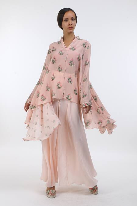 Nikasha Pink Mandarin Collar Asymmetric Tunic And Pant Set For Women