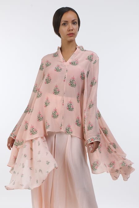 Nikasha_Pink Mandarin Collar Asymmetric Tunic And Pant Set _Online_at_Aza_Fashions