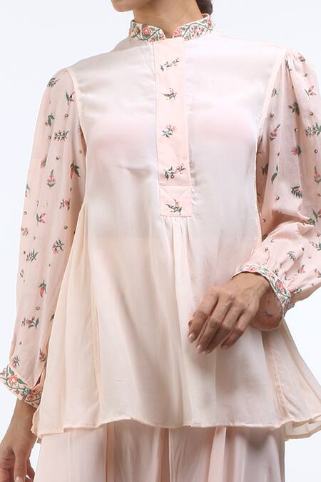 Nikasha_Pink Mandarin Collar Floral Print Blouse _Online_at_Aza_Fashions