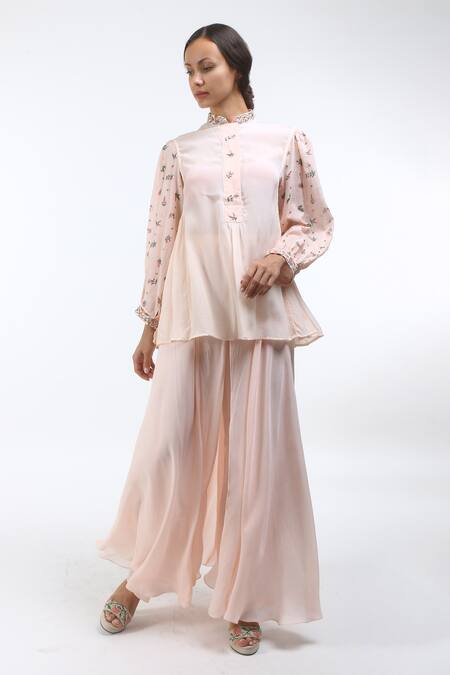 Nikasha Pink Mandarin Collar Floral Print Blouse For Women