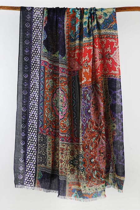 Shop Pashma Blue Printed Silk Cashmere Scarf at Aza Fashions Shop_Pashma_Blue Printed Silk Cashmere Scarf _at_Aza_Fashions