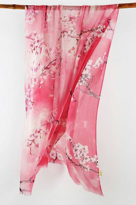 Shop Pashma Pink Printed Silk Cashmere Floral Scarf at Aza Fashions Shop_Pashma_Pink Printed Silk Cashmere Floral Scarf _at_Aza_Fashions