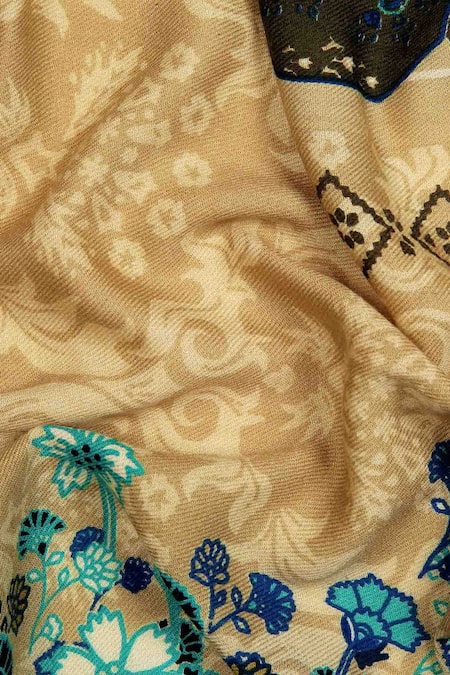Pashma_Gold Printed Cashmere Floral Scarf _Online_at_Aza_Fashions