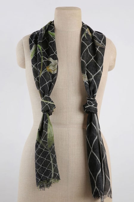 Pashma Black Printed Silk Cashmere Floral Scarf 