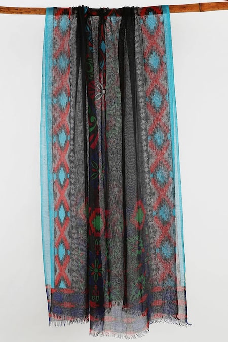 Shop Pashma Black Printed Silk Cashmere Scarf at Aza Fashions Shop_Pashma_Black Printed Silk Cashmere Scarf _at_Aza_Fashions